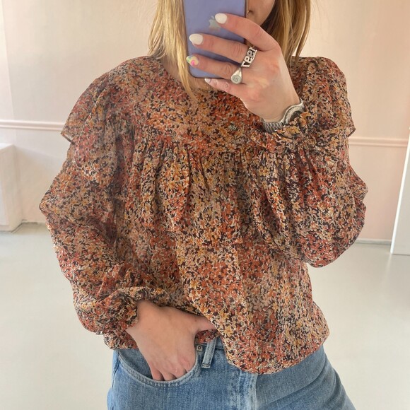 LoveShackFancy Silk Ruffle Floral Print Blouse Petite - Picture 6 of 9